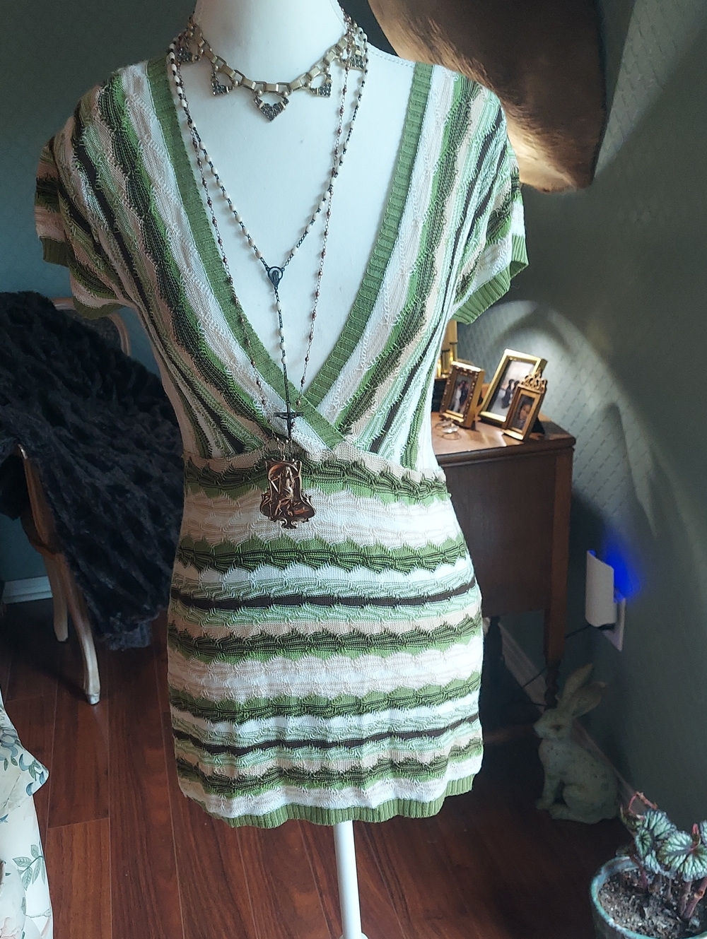 Papaya Green and White Striped V-Neck Tunic